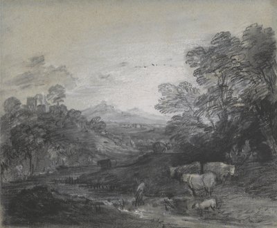 牧夫と牛、丘の上の建物、素朴な恋人のいる森の風景 作： Thomas Gainsborough